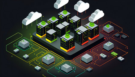 Cloud computing, an isometric representation of a modern data center with a PC, laptop, tablet, and smartphone connected to a network, Generative AIの素材
