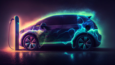 EV A car or an electric vehicle is charging at a charging station with the power cable supply linked to the blurring energy power effect, Generative AIの素材