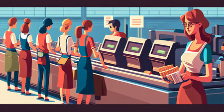 activities taking place at the grocery checkout queue Asian ladies unloading trolleys, cashiers checking products, and a girl standing in line Generative AI, place carefully picked products on the conveyor.の素材
