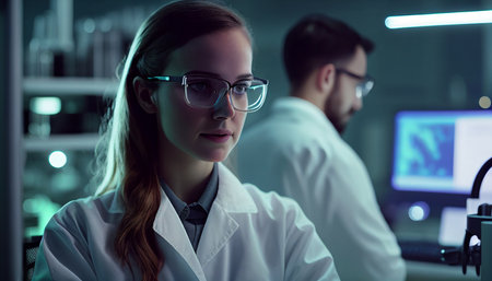 Young female scientist with a smile standing with a technician in a modern laboratory conducting medical research, Generative AIの素材