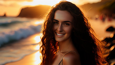 Natural full-body model with long wavy wet hair, smiling and joyful, standing near the water in Hawaii. Generative AI, portrait photography, professional photography, golden hour photographyの素材