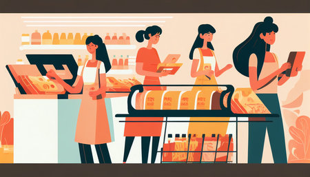 activities taking place at the grocery checkout queue Asian ladies unloading trolleys, cashiers checking products, and a girl standing in line Generative AI, place carefully picked products on the conveyor.の素材