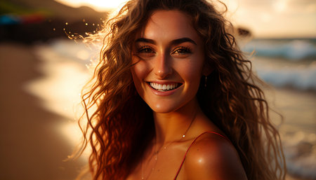 Natural full-body model with long wavy wet hair, smiling and joyful, standing near the water in Hawaii. Generative AI, portrait photography, professional photography, golden hour photographyの素材