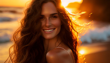 Natural full-body model with long wavy wet hair, smiling and joyful, standing near the water in Hawaii. Generative AI, portrait photography, professional photography, golden hour photographyの素材