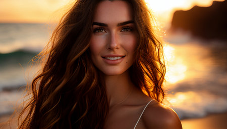 Natural full-body model with long wavy wet hair, smiling and joyful, standing near the water in Hawaii. Generative AI, portrait photography, professional photography, golden hour photographyの素材