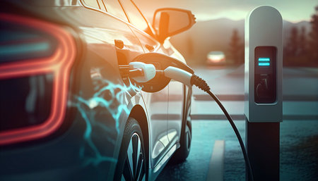 EV A car or an electric vehicle is charging at a charging station with the power cable supply linked to the blurring energy power effect, Generative AIの素材