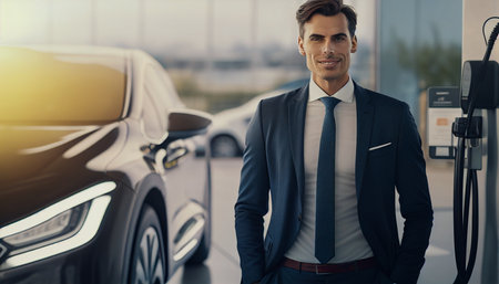 A picture of a businessman smiling When an automobile or an electric vehicle is charging at a charging station, Generative AIの素材