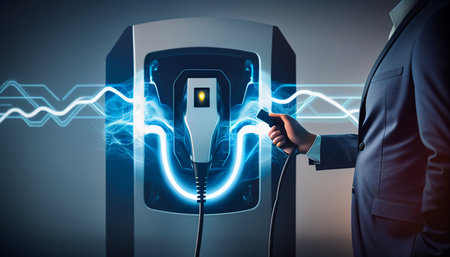 A picture of a businessman smiling When an automobile or an electric vehicle is charging at a charging station, Generative AIの素材