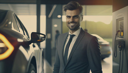 A picture of a businessman smiling When an automobile or an electric vehicle is charging at a charging station, Generative AIの素材