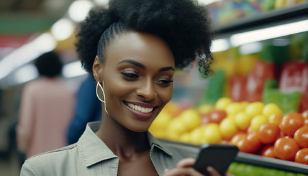 Young smiling joyful fun-loving woman in casual clothes buying at supermaket store with grocery cart using mobile cell phone, looking aside inside hypermarket Individuals that are interested in the gastronomy cuisine idea, The Generative AIの素材
