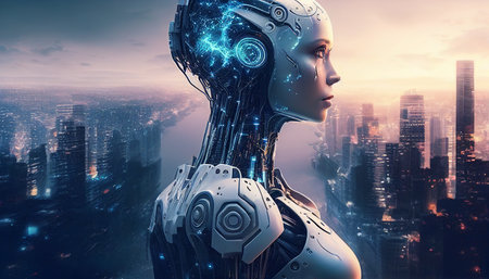 Artificial Intelligence Technology, A Futuristic World of Automated Intelligence is a futuristic metropolis teeming with automated machines and intelligent robots. The air is thick with creativity and the potential of fresh discoveries, thanks to Generative AI.の素材