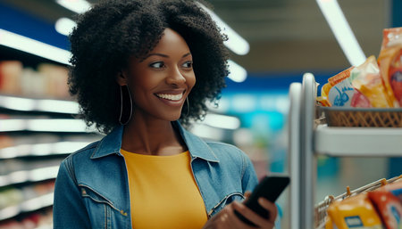 Young smiling joyful fun-loving woman in casual clothes buying at supermaket store with grocery cart using mobile cell phone, looking aside inside hypermarket Individuals that are interested in the gastronomy cuisine idea, The Generative AIの素材