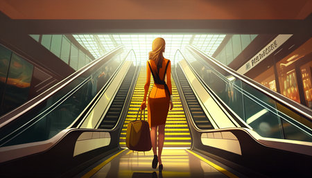 Generative AI shopper woman with shopping cart on moving walkway ascending to second level retail mallの素材
