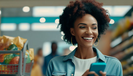 Young smiling joyful fun-loving woman in casual clothes buying at supermaket store with grocery cart using mobile cell phone, looking aside inside hypermarket Individuals that are interested in the gastronomy cuisine idea, The Generative AIの素材