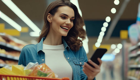 Young smiling joyful fun-loving woman in casual clothes buying at supermaket store with grocery cart using mobile cell phone, looking aside inside hypermarket Individuals that are interested in the gastronomy cuisine idea, The Generative AIの素材