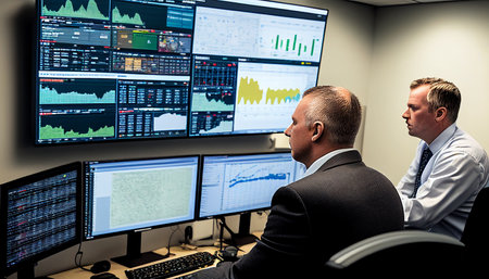 Project Manager and Computer Science Engineer Watch Telecommunications Infrastructure Infographics on Large Screen and Laptop Generative AI in the Control and Monitoring Roomの素材