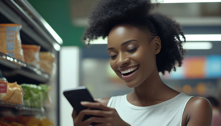 Young smiling joyful fun-loving woman in casual clothes buying at supermaket store with grocery cart using mobile cell phone, looking aside inside hypermarket Individuals that are interested in the gastronomy cuisine idea, The Generative AIの素材