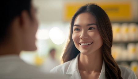 Generative AI, pretty young female pharmacist working in a drugstoreの素材