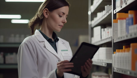 Pharmacist reading information on a tablet computer while holding it in her hand in the pharmacy, Generative AIの素材