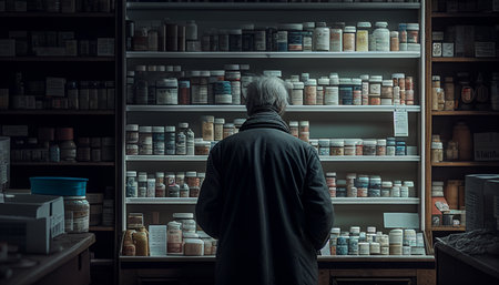 Pharmacist reading information on a tablet computer while holding it in her hand in the pharmacy, Generative AIの素材