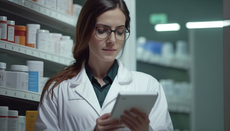 Pharmacist reading information on a tablet computer while holding it in her hand in the pharmacy, Generative AIの素材