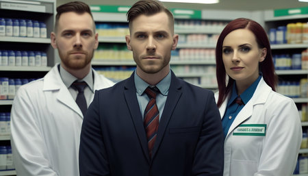 Three pharmacists with smiles standing together in a drug store, Generative AIの素材