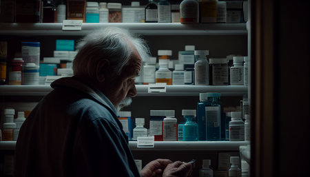 Pharmacist reading information on a tablet computer while holding it in her hand in the pharmacy, Generative AIの素材
