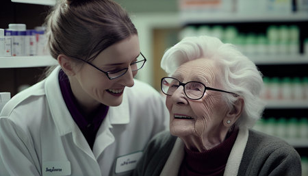 Medicine, shopping, or a pharmacist advising an elderly person on medicinal tablets or drugs. Generative AI, smile, customer, or joyful senior doctor talking or speaking to a sick elderly person in pharmacyの素材