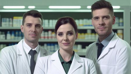 Three pharmacists with smiles standing together in a drug store, Generative AIの素材