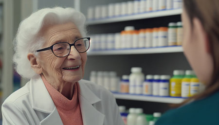 Medicine, shopping, or a pharmacist advising an elderly person on medicinal tablets or drugs. Generative AI, smile, customer, or joyful senior doctor talking or speaking to a sick elderly person in pharmacyの素材