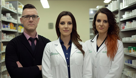 Three pharmacists with smiles standing together in a drug store, Generative AIの素材