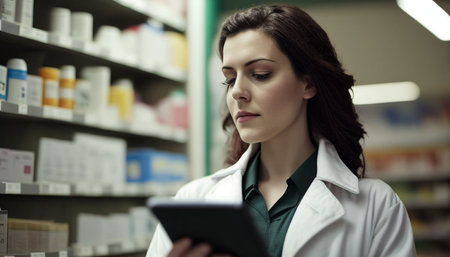 Pharmacist reading information on a tablet computer while holding it in her hand in the pharmacy, Generative AIの素材