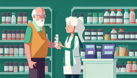 Medicine, shopping, or a pharmacist advising an elderly person on medicinal tablets or drugs. Generative AI, smile, customer, or joyful senior doctor talking or speaking to a sick elderly person in pharmacyの素材
