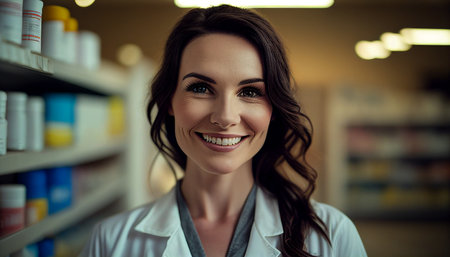 Generative AI, pretty young female pharmacist working in a drugstoreの素材