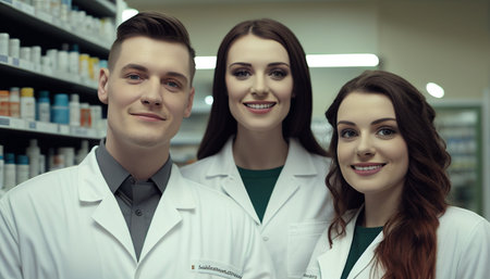 Three pharmacists with smiles standing together in a drug store, Generative AIの素材