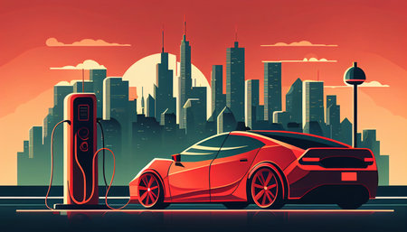 Electric Vehicle, Sunset lighting on a charging station. The charging procedure. Parking for electric vehicles. Concept of green energy recovery. The Generative AIの素材