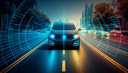 Concept of an autonomous car sensor system for the safety of driverless mode car control. Adaptive cruise control in the future will detect neighboring vehicles and pedestrians. Intelligent transportation, Generative AIの素材