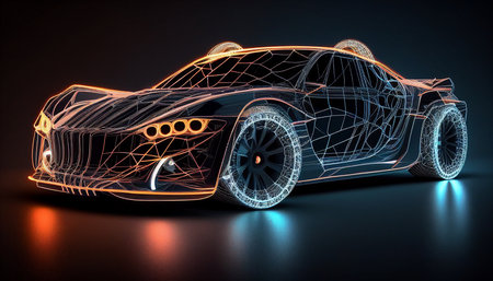 Futuristic wireframe junction of a futuristic sports automobile with bespoke LED lights, Generative AIの素材