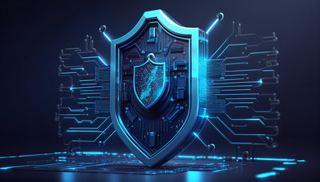 In this abstract cyberattack block concept, Generative AI, a shield with a lock icon is depicted on a circuit board and network wireframe with binary code over a blue background.の素材