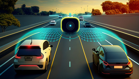 Concept of an autonomous car sensor system for the safety of driverless mode car control. Adaptive cruise control in the future will detect neighboring vehicles and pedestrians. Intelligent transportation, Generative AIの素材
