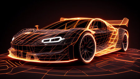 Futuristic wireframe junction of a futuristic sports automobile with bespoke LED lights, Generative AIの素材