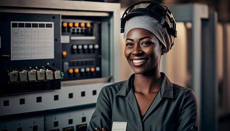 Smile black female industrial electrical engineer with a safety hardhat on her head standing in front of a control panel, touching display monitor CNC machines in factory, AI Generativeの素材