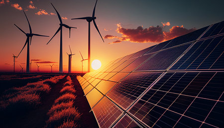 Solar panels and wind turbines generating electricity in a green energy renewable power station with a sunset background, AI Generativeの素材