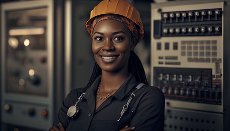 Smile black female industrial electrical engineer with a safety hardhat on her head standing in front of a control panel, touching display monitor CNC machines in factory, AI Generativeの素材