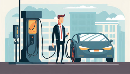 smile businessman charging his electric vehicle, modern city with power cable outlet, public charging station position, AI Generativeの素材