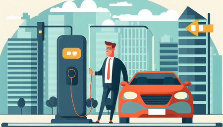 smile businessman charging his electric vehicle, modern city with power cable outlet, public charging station position, AI Generativeの素材