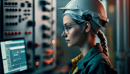 Smile black female industrial electrical engineer with a safety hardhat on her head standing in front of a control panel, touching display monitor CNC machines in factory, AI Generativeの素材