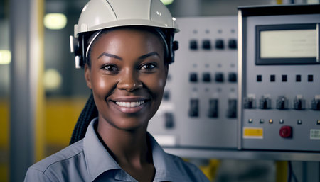 Smile black female industrial electrical engineer with a safety hardhat on her head standing in front of a control panel, touching display monitor CNC machines in factory, AI Generativeの素材