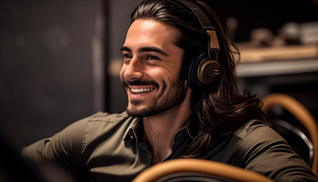 In the studio, a handsome male technician with long hair smiles while sitting on a chair with headphones, AI Generativeの素材