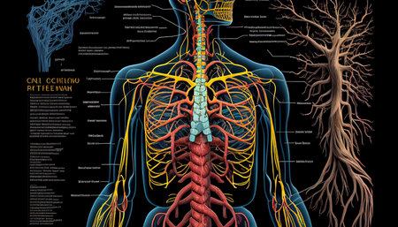 Nervous system anatomy, x-ray illustration of heart discomfort, human body anatomy, AI Generativeの素材